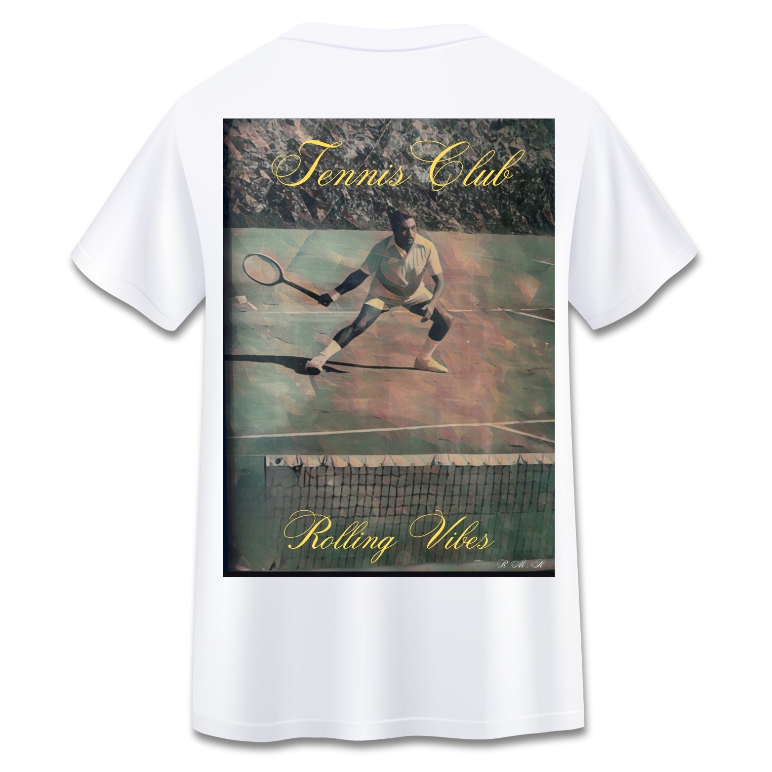 Rolling Vibes Tennis Club T-shirt back view featuring a vintage tennis player in action with the text 'Tennis Club Rolling Vibes'