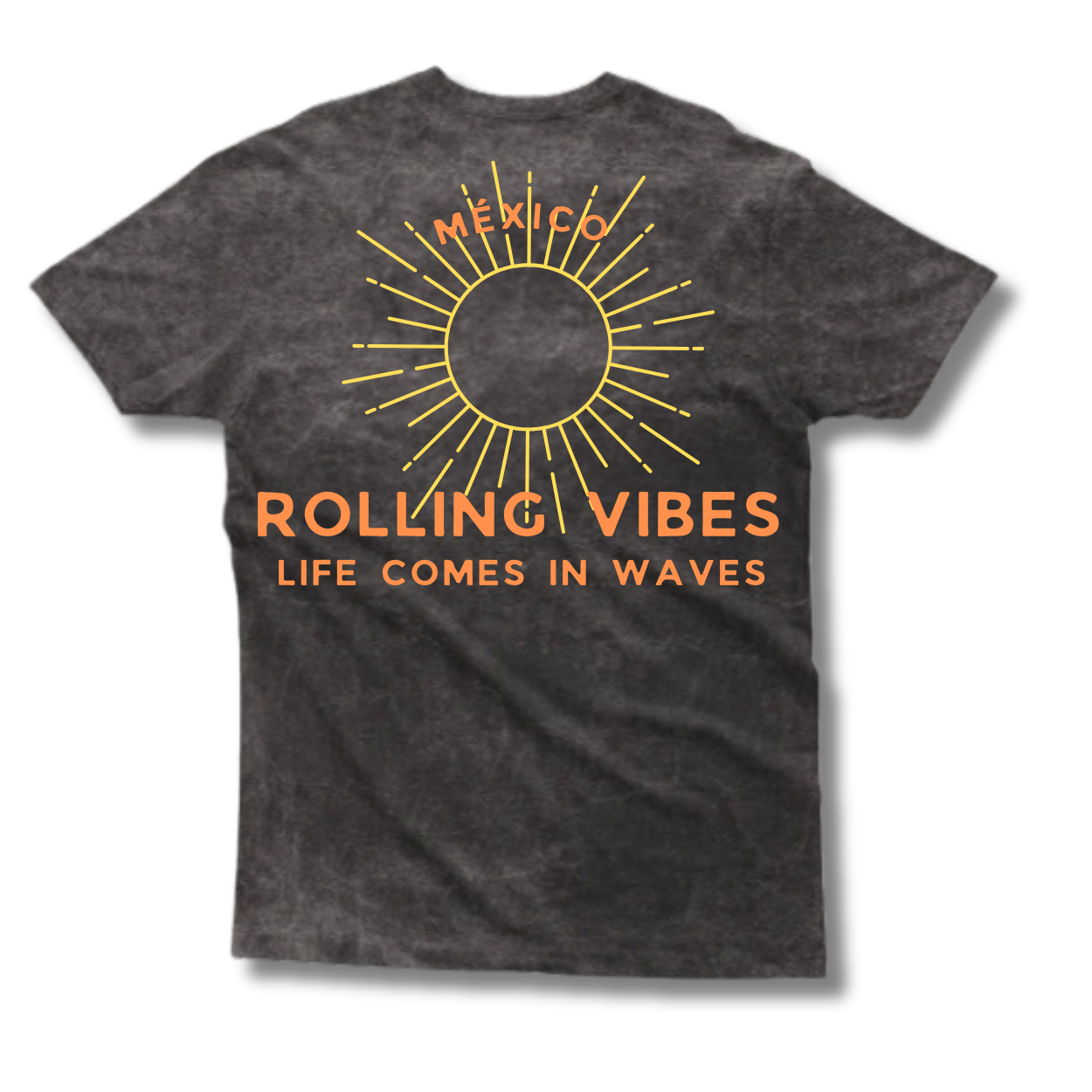 Rolling Vibes Life Comes in Waves T-shirt front view featuring a wave graphic and the phrase 'Life Comes in Waves