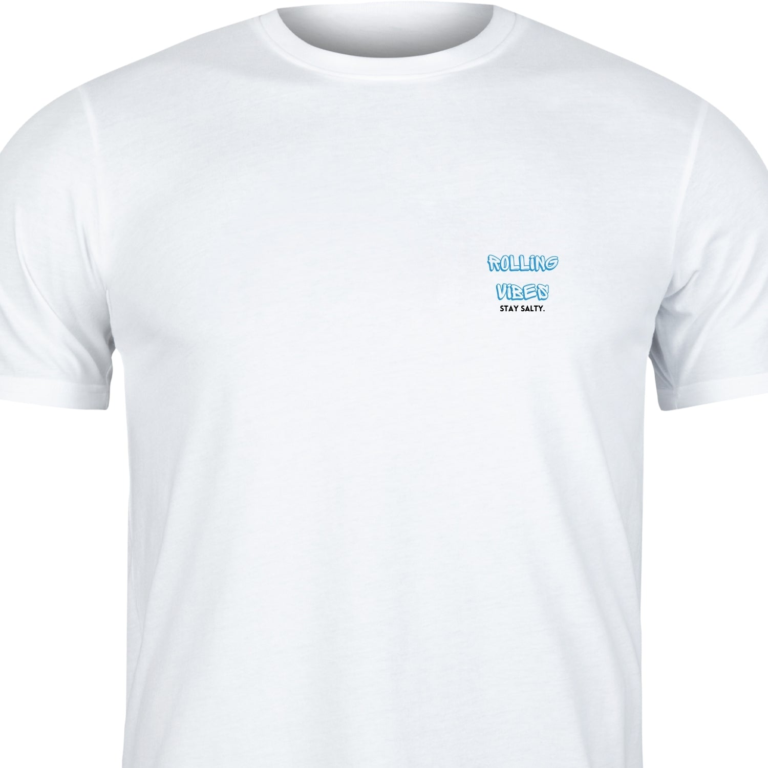 Rolling Vibes Salt Water T-shirt front view with a small 'Rolling Vibes Stay Salty' logo on the chest, showcasing casual beach vibe clothing