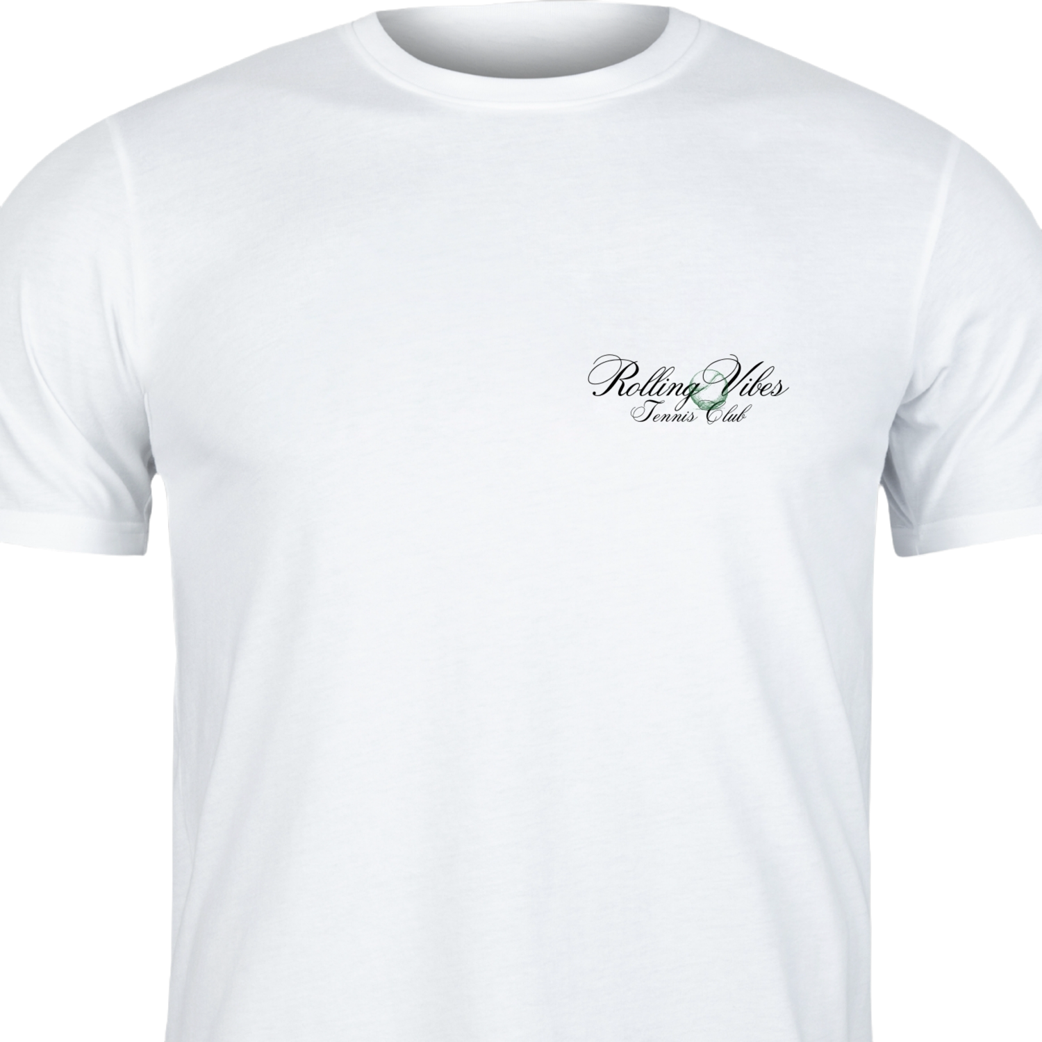 Rolling Vibes Tennis Club T-shirt front view with a small 'Rolling Vibes Raquet Club' logo on the chest, showcasing casual beach vibe clothing