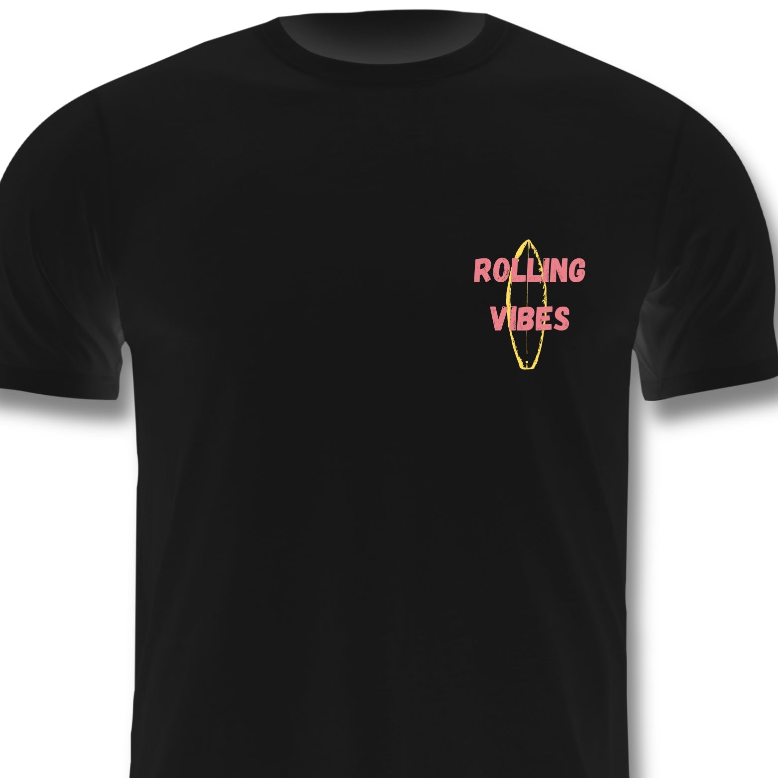 Baja Riders T-shirt front view with a small 'Rolling Vibes' logo and surfboard on the chest, showcasing casual beach vibe clothing