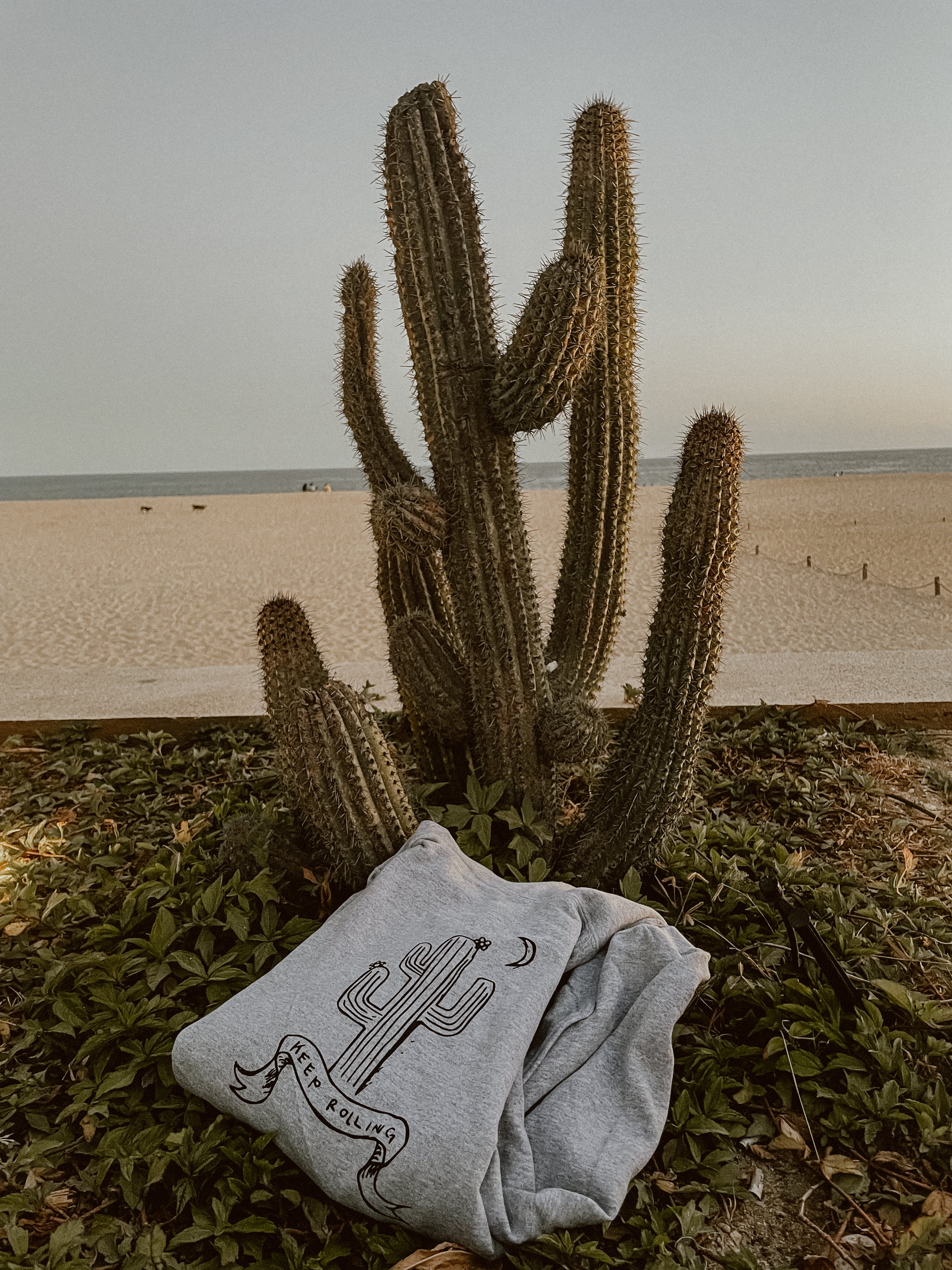 Grey Rolling Cactus Hoodie with person and cactus design on front and moon and cactus design on back